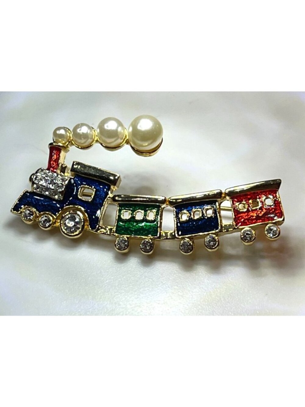 Vintage 80s Multi-Color Enamel Train Brooch Holiday Faux Pearl Smoke & Rhineston